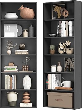oneinmil Bookshelf 6-Tier Set of 2 Open Bookcase and Bookshelves Wooden Floor Standing Display Wide Storage Shelves Rack 71" Tall for Home Offices, Living Rooms, and Bedrooms, Black