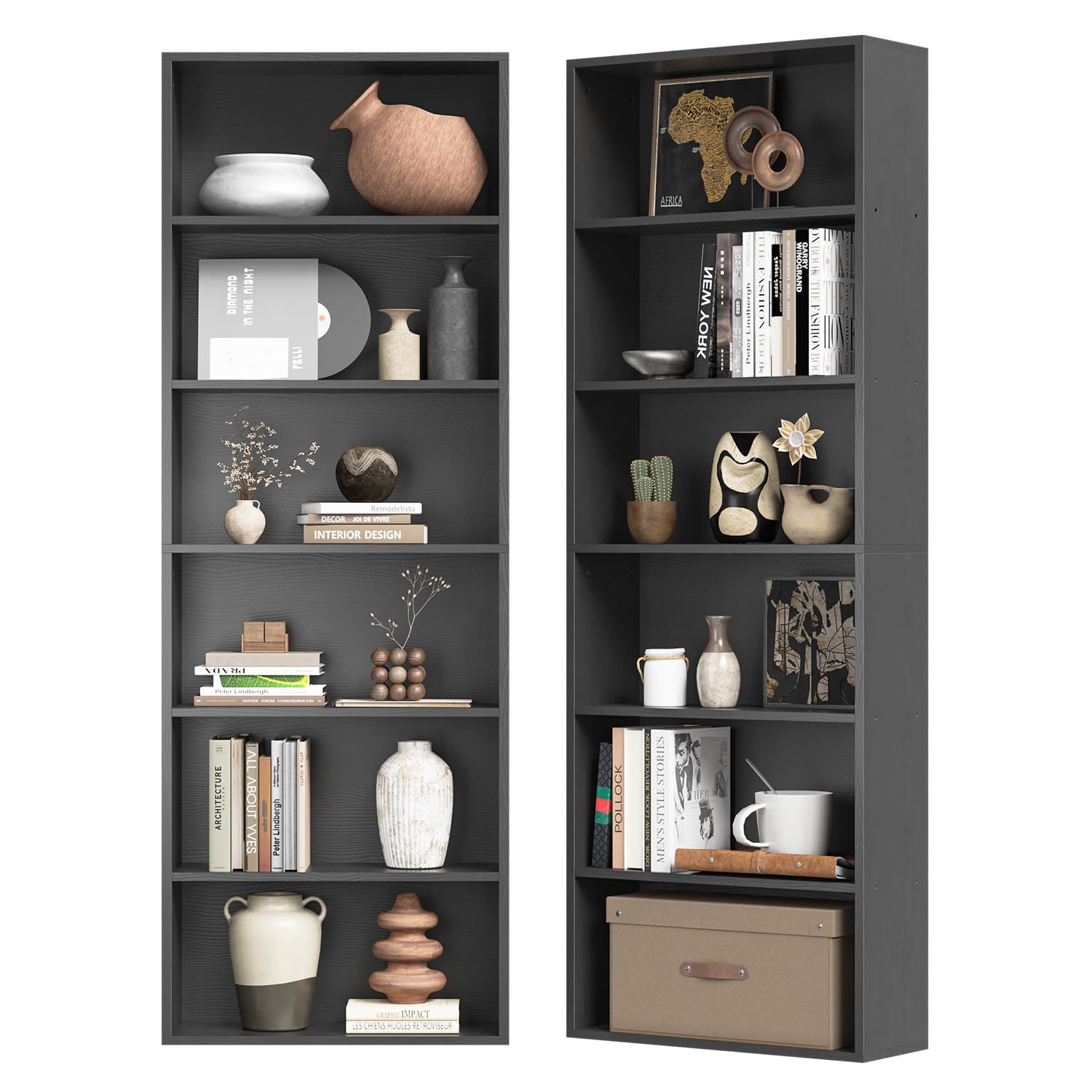 oneinmil Bookshelf 6-Tier Set of 2 Open Bookcase and Bookshelves Wooden Floor Standing Display Wide Storage Shelves Rack 71" Tall for Home Offices,