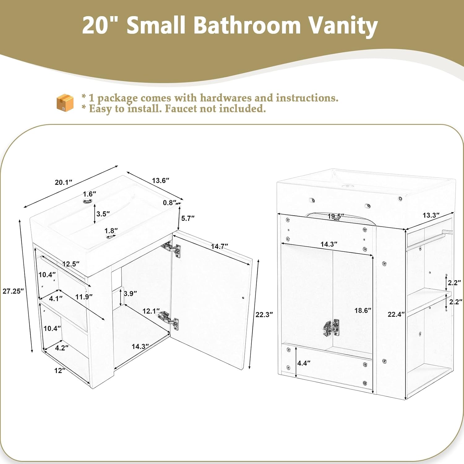 20" Floating Small Bathroom Vanity with Sink, Wall Mounted Vanity for Compact Bathrooms, Space-Saving Narrow Bathroom Vanities with Soft-Close Door Open Shelf Towel Bar (Black,20" Floating Door)
