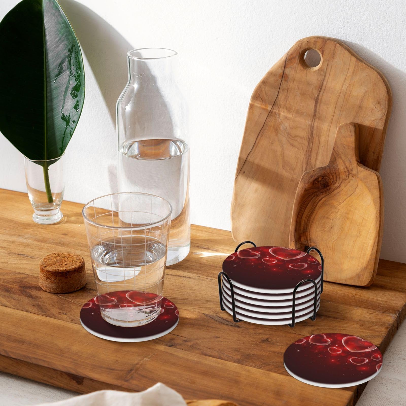 Lot de 6 dessous de verre absorbants en céramique avec base en liège Motif cœur rouge