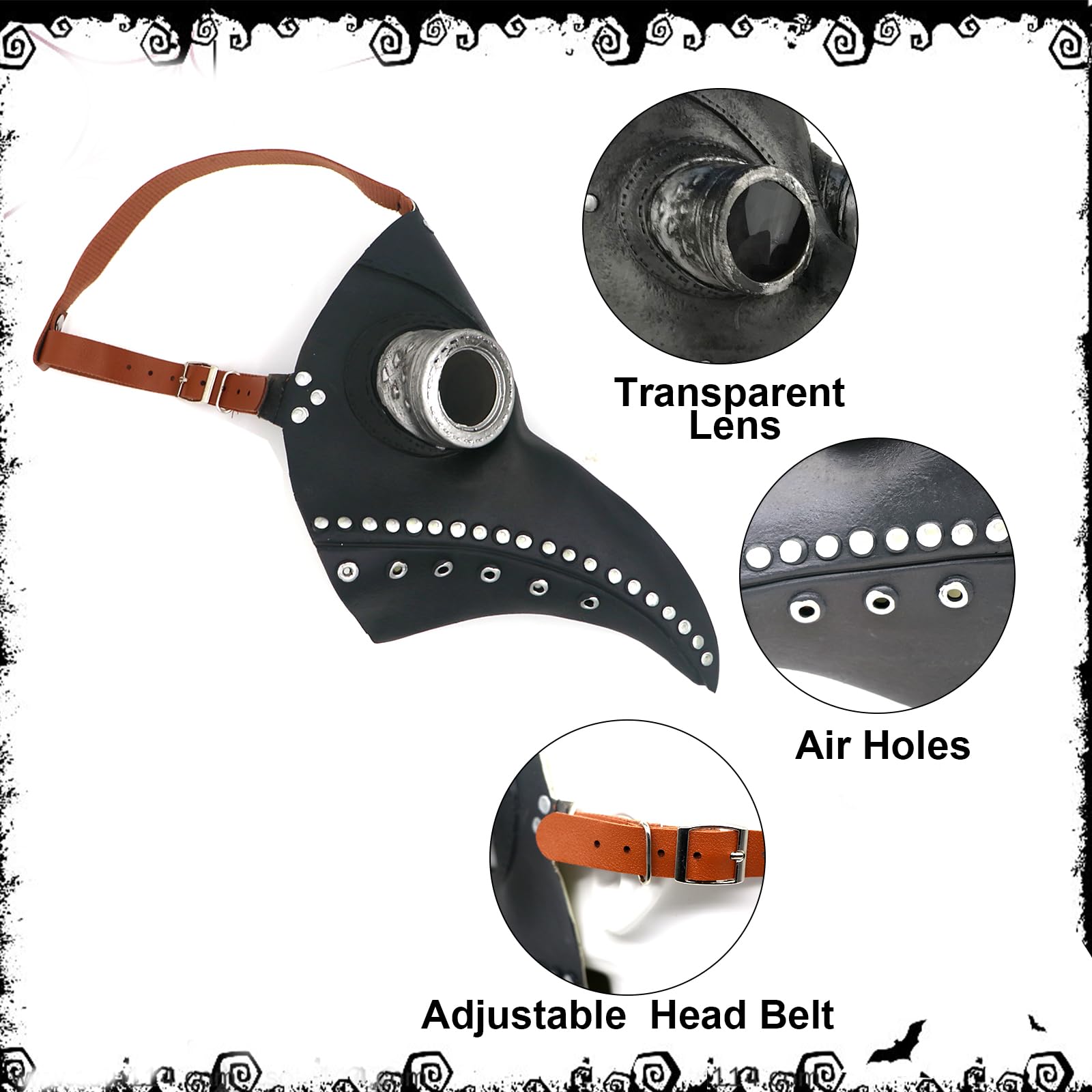 Plague Doctor Costume Set, Halloween Mask Long Nose Beak Mask Black with Black Hooded Cloak Cross Necklace Gloves Cane Full Face Mask for Halloween Party, Punk Carnival, Masquerade (B) - Image 3