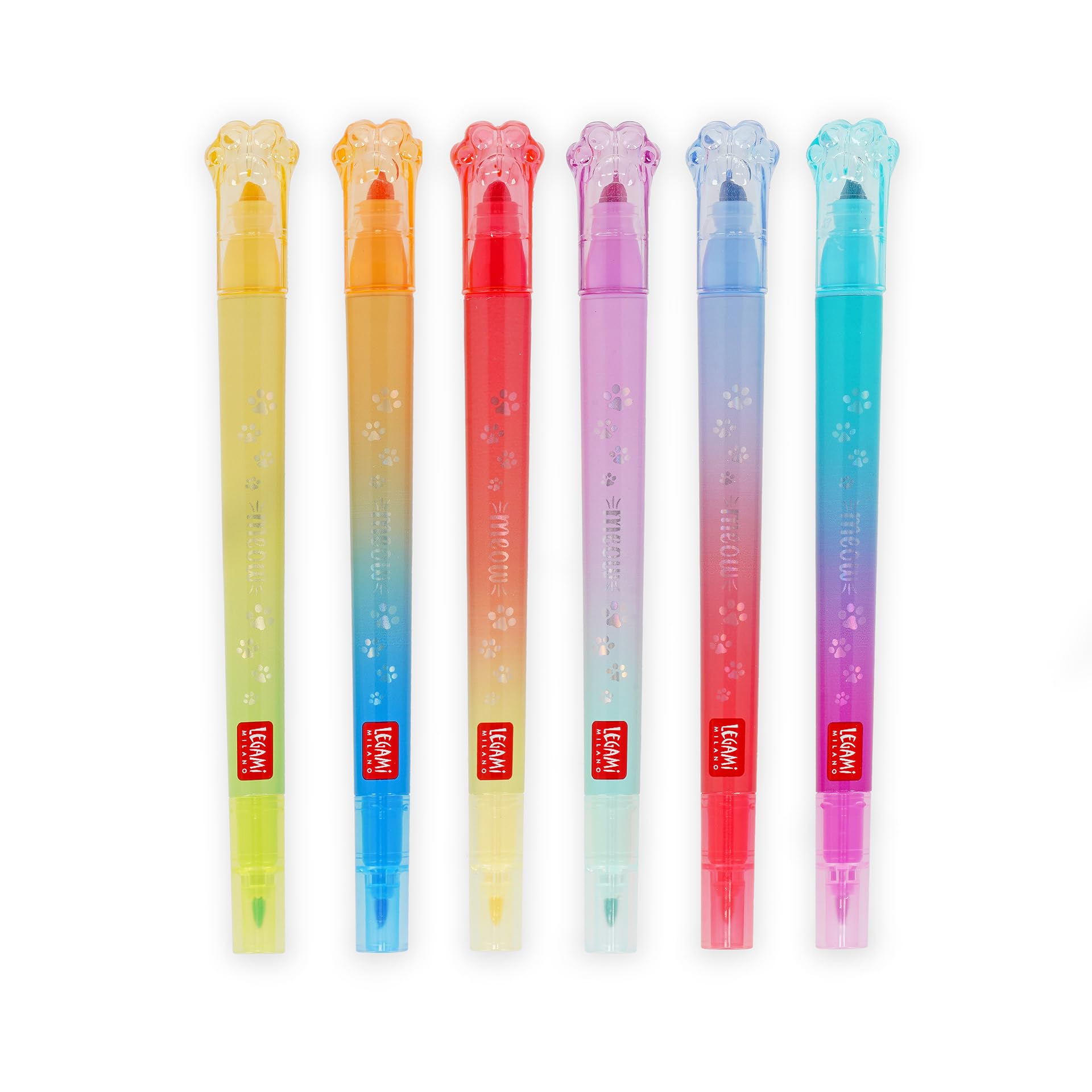 Legami - Set of 6 Meow Double Tip Markers - 1 x 4 mm Chisel with Glitter and 1 x 1 mm Round for Overwriting, Water-Based Ink, Triangle Handle, 3 x 11 x 1.8 cm