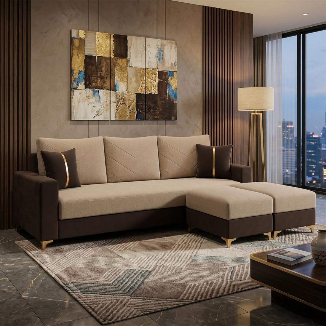 Alvaro Agnes 3 Seater L Shape Sofa with 2 Ottomans, Velvet Fabric 5 Seater Sofa Set for Living Room, Space Saving Sectional Corner Sofa for Home & Office - Beige & Dark Brown-image-5