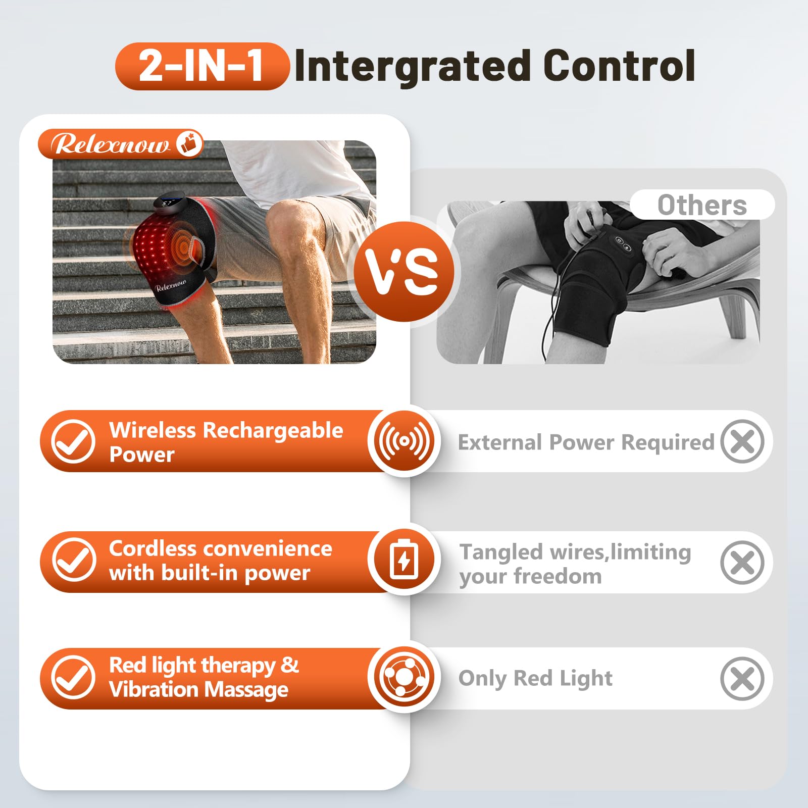 RELEXNOW Terapia de luz roja para rodilla, masajeador de rodilla con 5 calor y 3 vibraciones, 660 nm 850 nm infrarrojo cercano, rodillera térmica inalámbrica para articulación de rodilla