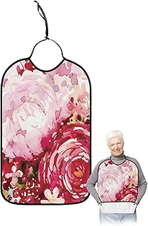 BOBOWUNY Valentine Roses Adult Bibs for Elder Women Men Eating, Watercolor Red Pink Floral Waterproof & Washable Bibs for Eating Clothing Protector Dining Bibs for Crumb Catcher