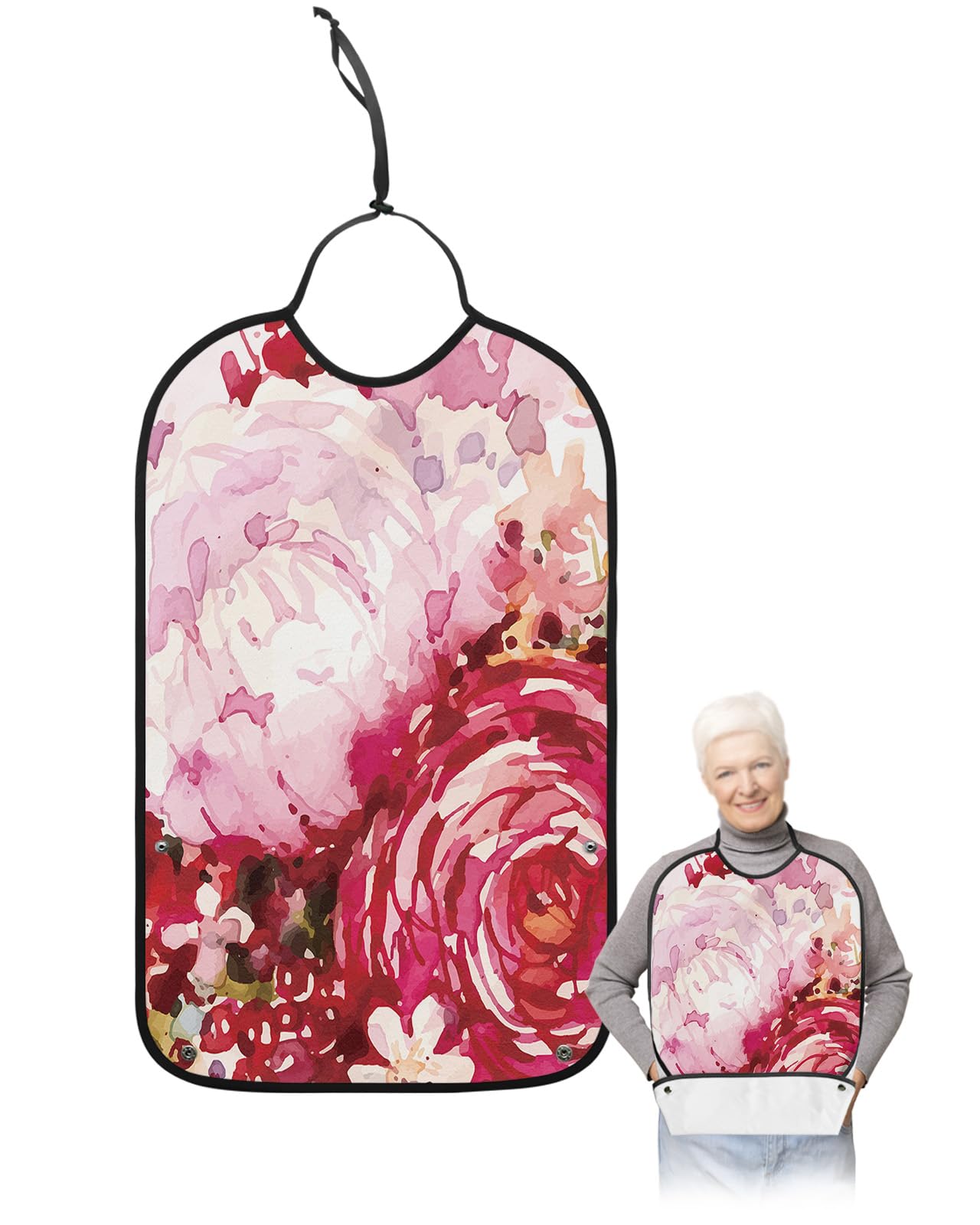 LEOKOTI Valentine Roses Adult Bibs for Eating, Waterproof Bibs with Food Catcher & Adjustable Snap Closure, Watercolor Red Pink Floral Washable Clothing Protectors Adult Bibs for Elderly Women/Men