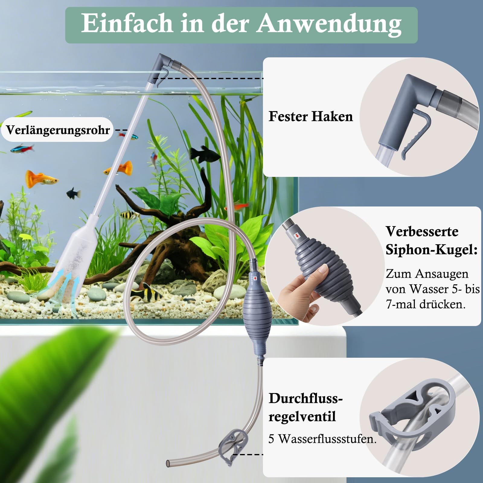 FEDOUR 3-in-1 Aquarium Reiniger mit Vakuumfunktion, Verstellbarer Mulmsauger für Aquarium, Aquarium Kiesreiniger -Wasserwechsler und Sandwasch-Set mit Hand-Siphon-Schlauch und Verlängerungsrohr