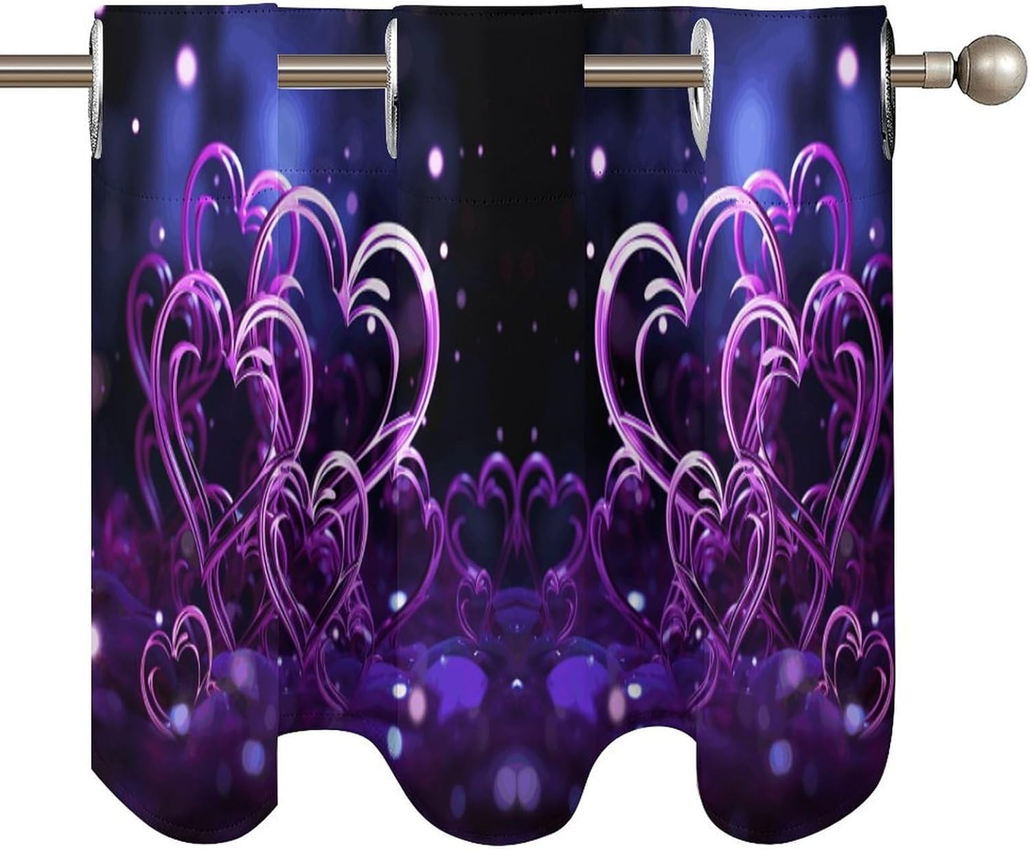 Fashional Purple Hearts Printed Short Window Curtains, Grommet Small Valance, Decorative Short Curtains Suitable for Window Sills in Bedrooms, Living Rooms, Kitchens, Etc
