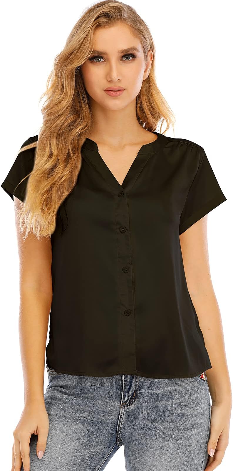 Airmiuu Womens Short Sleeve Silk Blouse Button Down Shirt V Neck Office Work Blouse Tops