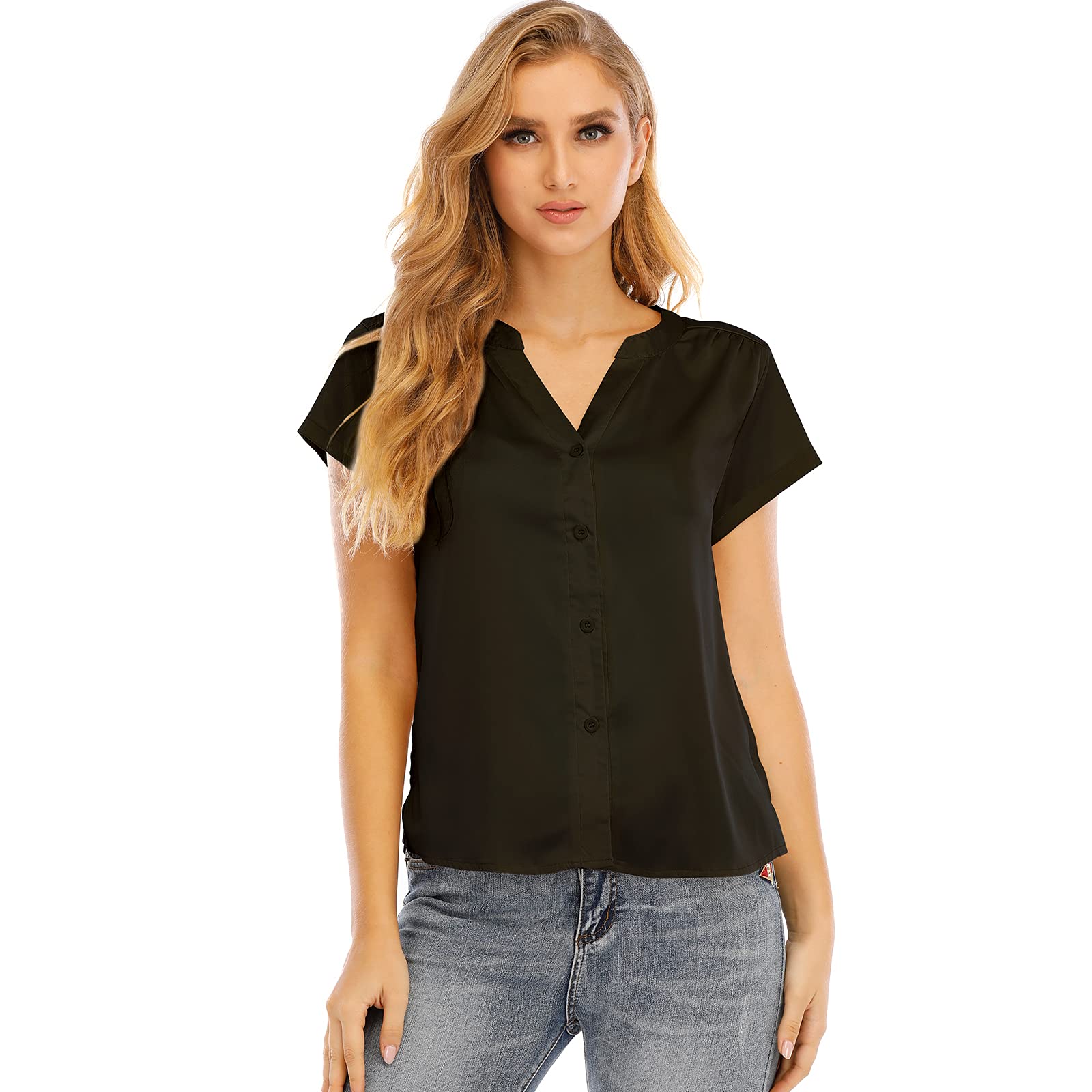 Airmiuu Womens Short Sleeve Silk Blouse Button Down Shirt V Neck Office Work Blouse Tops