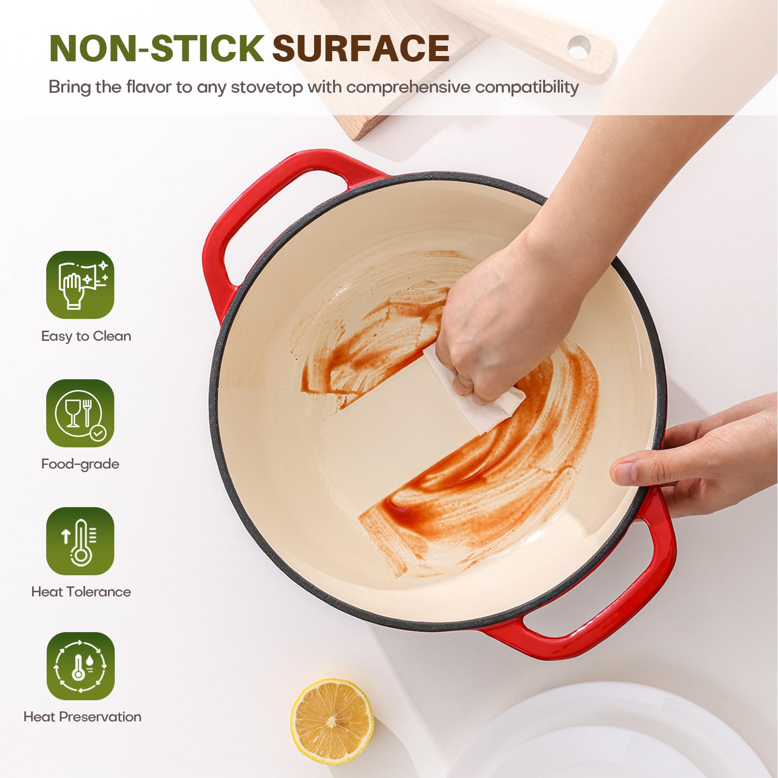 Naczynie Żaroodporne Kordisen Z Żeliwa Emaliowanego 28 cm/5.7L Z Pokrywką, Do Pieczenia Chleba Na Naturalnym Zakwasie, Bezpieczne W Piekarniku Do 260°C, Solidne I Przestronne, Czerwone