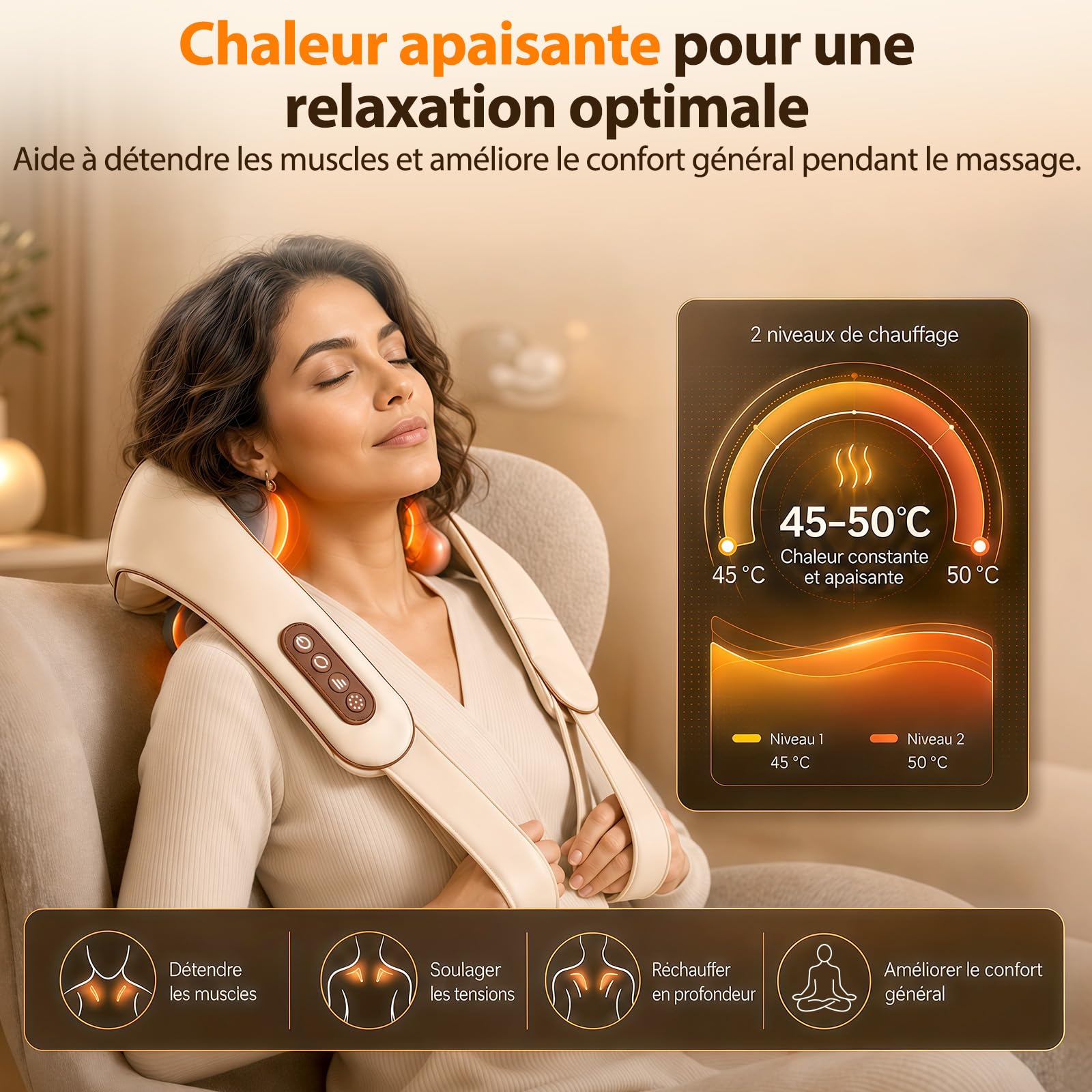 Neck Massager, 6D Massage Dos et Cervicales Sans Fil Masseur Cervical avec Massage par Pétrissage, 2 Niveaux de Chauffage et Housse Lavable pour Cou Jambes Épaules Cadeaux pour Hommes Femmes