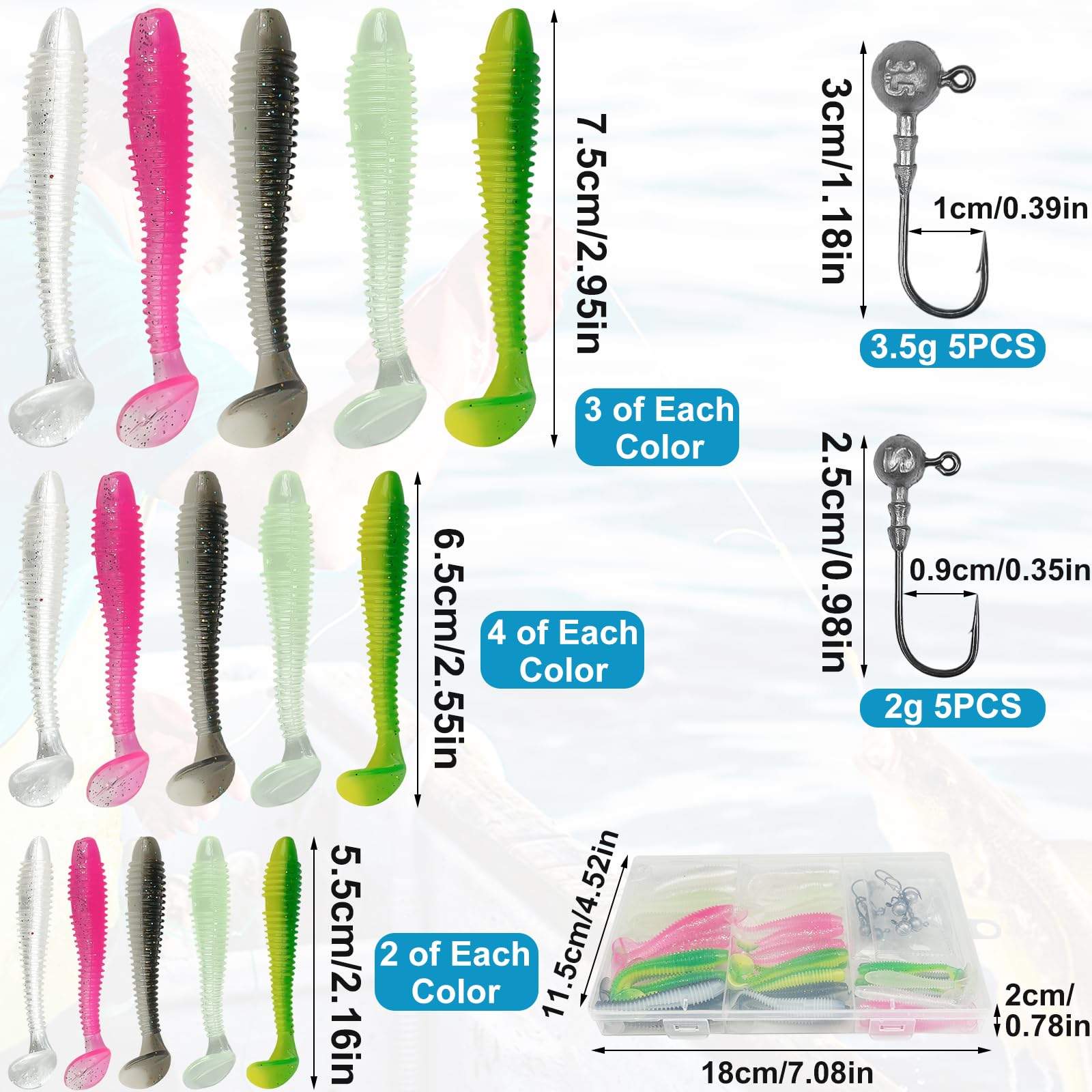 45 señuelos de pesca blandos y 10 cabezas triangulares para la pesca con spinning, 5,5 cm+6,5 cm+7,5 cm, cebo de pesca, cebo flotante, goma con cabeza y caja de plástico, 5 colores