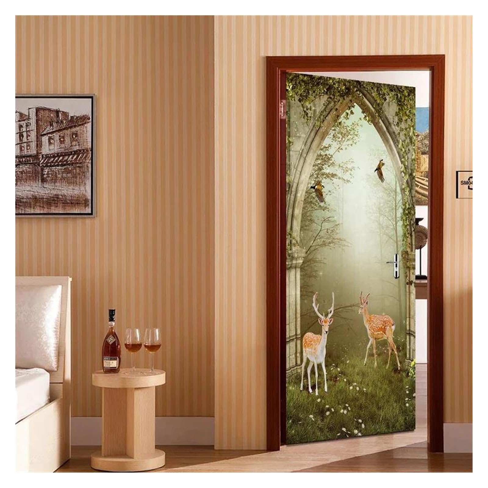 Décoration murale 3D cerf paysage forêt avec sticker porte autocollant