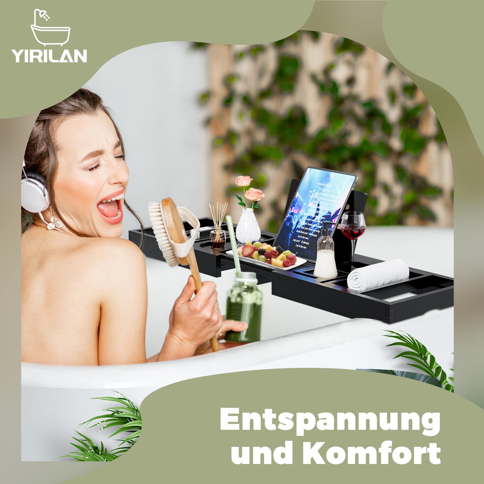 Faltbares Badewannentablett, Einziehbares Und Verstellbares Badewannentablett, Multifunktionales Badezimmertablett Mit BuchstüTzen, Seifenhalter, Handtuchhalter Und Weinglashalter, Schwarz