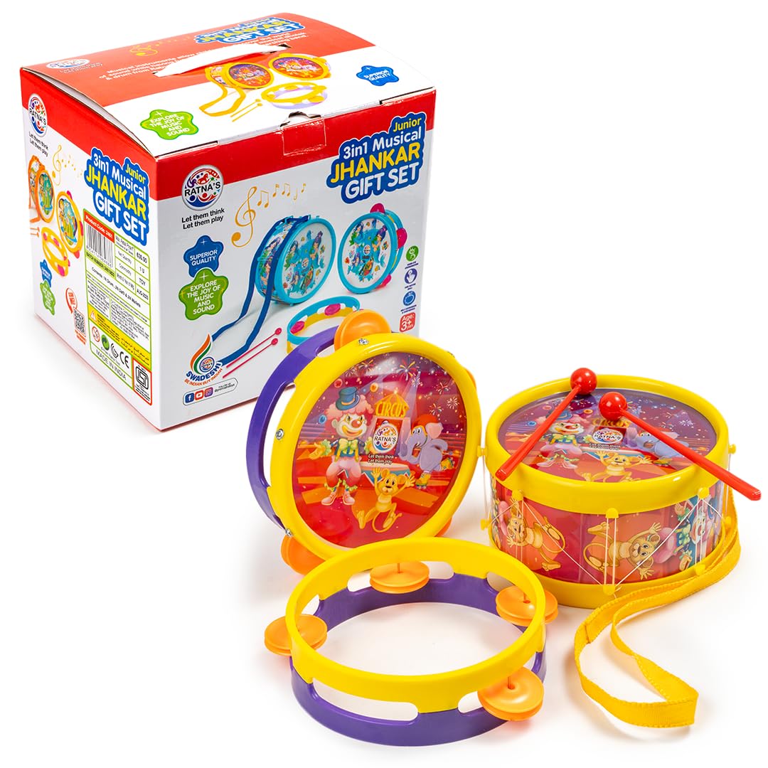 Ratnas 3 in 1 Musical Jhankar Gift Set Junior Circus Printed Drum Dafli Toy Musical Instrument with 2 Mallets for Kids (B0CR99VVP4) Amazon Price History, Amazon Price Tracker