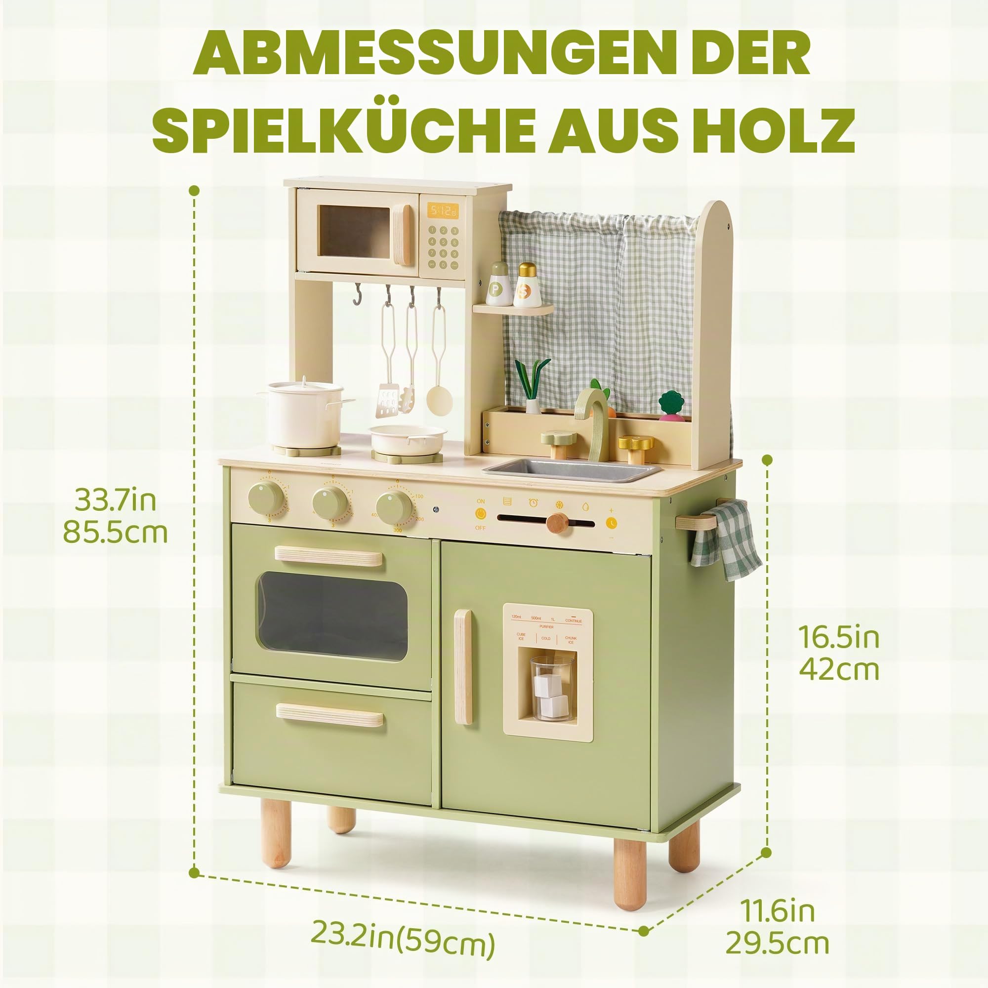 ROBUD Kinderküche aus Holz – Spielküche mit Kühlschrank, Eiswürfelspender, Backofen & Zubehör, Rollenspielküche für Kinder