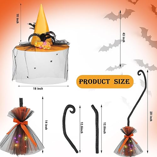 Miniatura 9 de 3 piezas de disfraz de bruja brillante de Halloween, sombrero de bruja brillante, escoba a rayas ajustadas para mujer, bruja cosplay, fiesta de