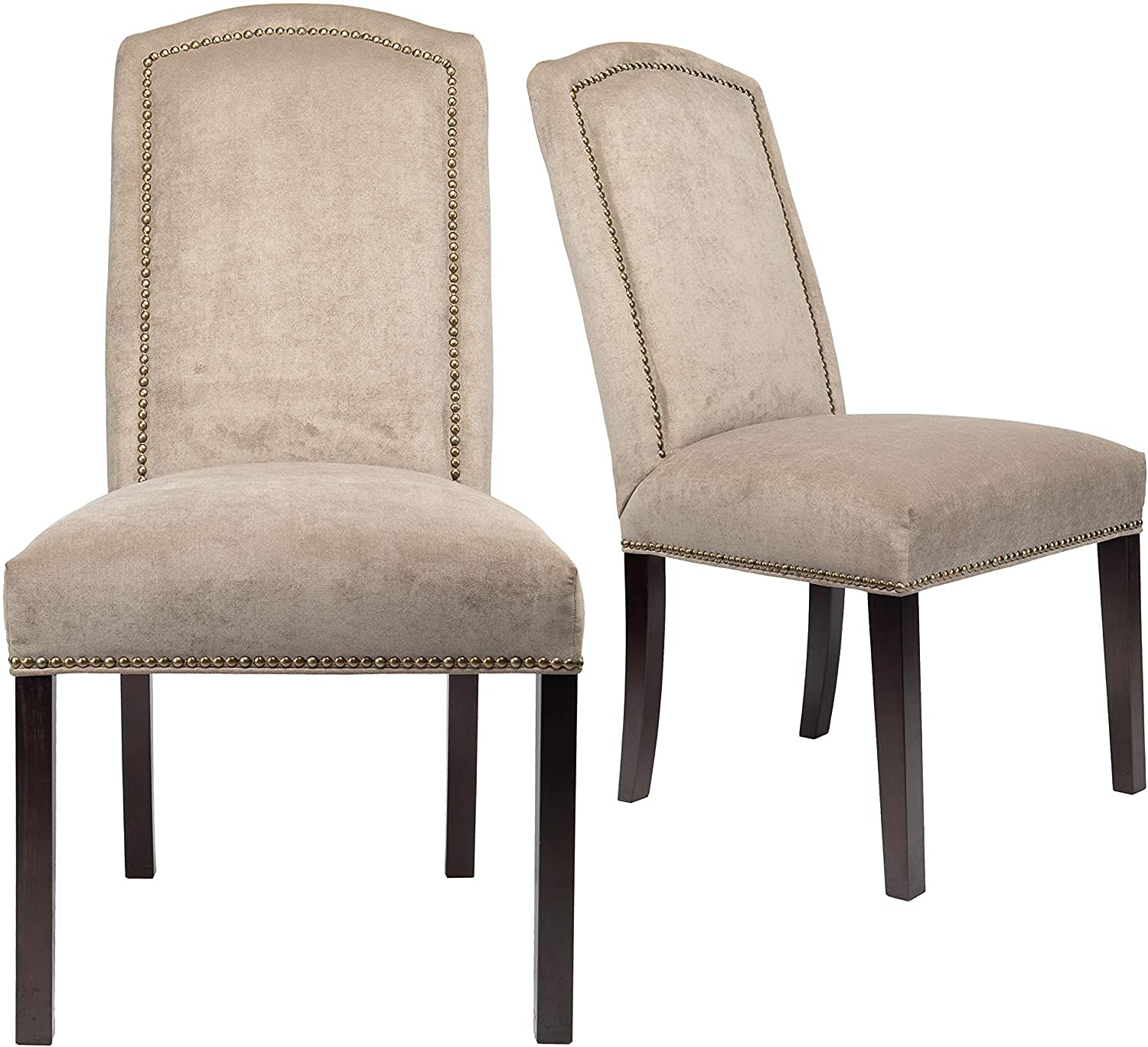 Sole Design Sl3004 Modern Contemporary Upholstered Dining Chair with Camel Back Design and Silver Nail Head Trim, Set of 2, Latte Brown