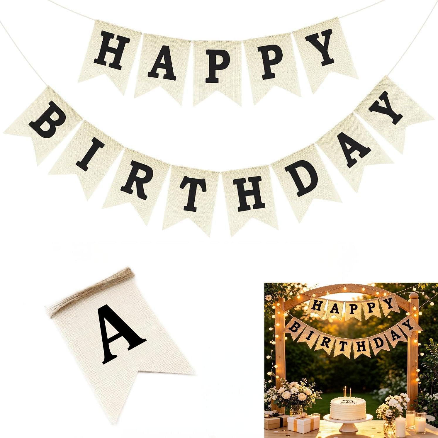 Black Happy Birthday Bunting Banner – Pre-Strung Hessian Style Party Decoration, Neutral Birthday Garland for Men, Women, Adults, Teens, Home, Office, Indoor Outdoor