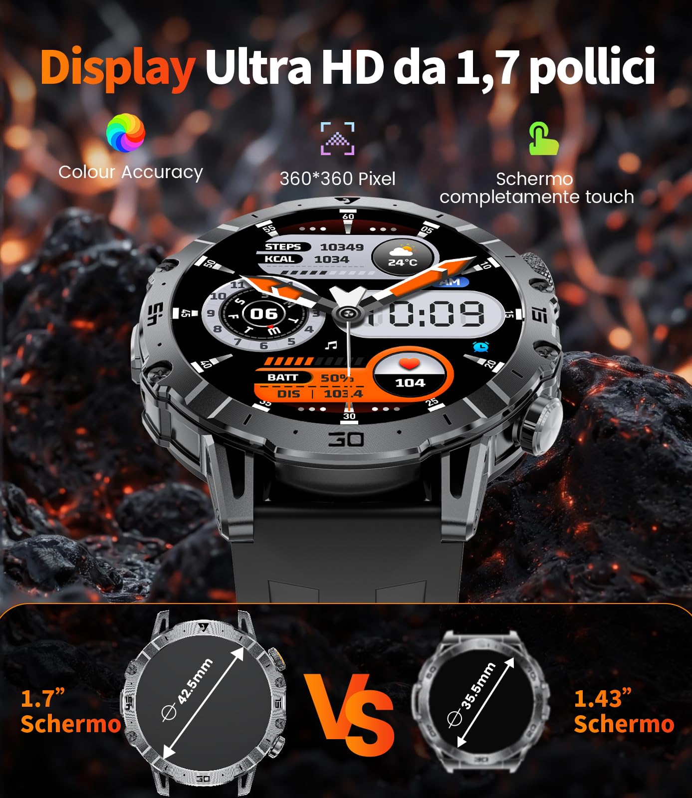 LIGE Smartwatch Uomo con 1000mAh/Torcia LED,Chiamata Bluetooth,1.7" Smart Watch Militare con 110+ Modalità Sportive,Impermeabile,Frequenza Cardiaca, Android iOS,3 Braccialetti+2 Caricabatterie,EF18-E