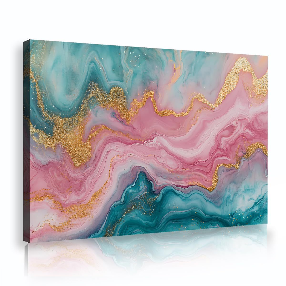 Via Vela Pink Teal Framed Canvas Artwork Office Abstract Fluid Marble Agate Painting Luxury Pictures Gallery Wrapped Posters for Bathroom Decor 70x105cm
