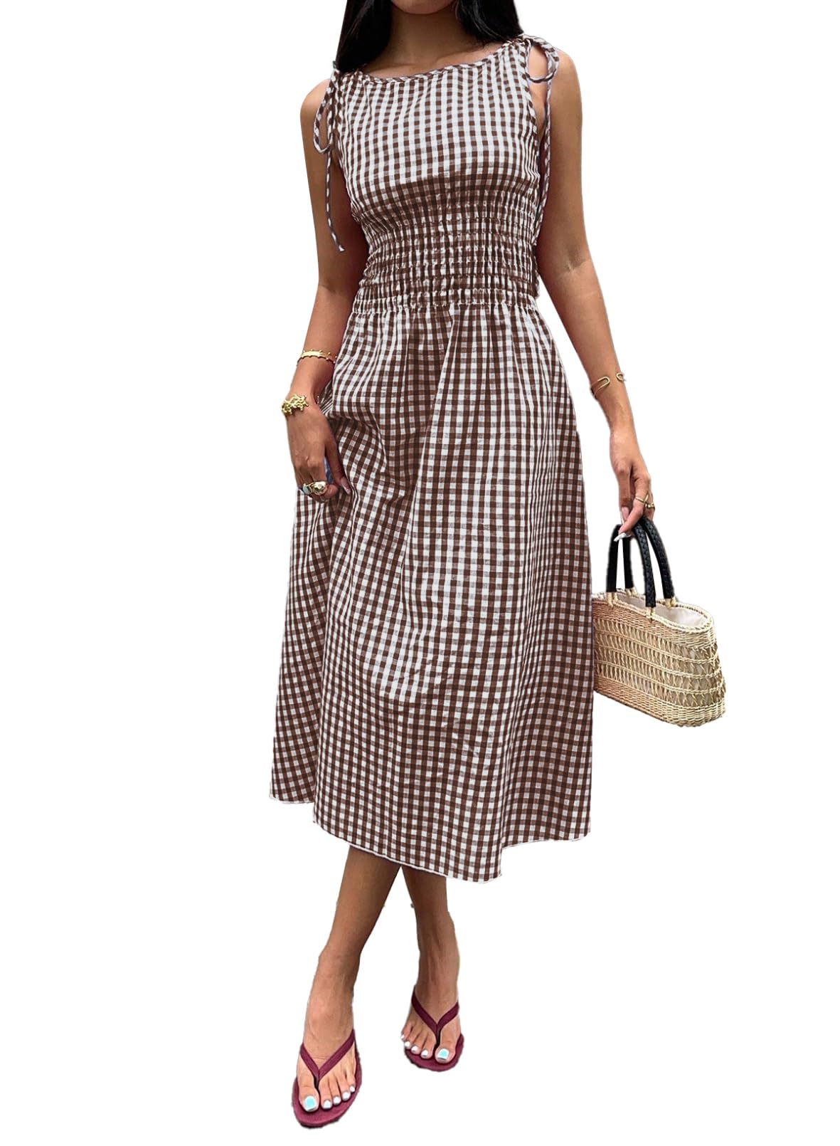 Acelitt Womens Gingham Dress Flowy Maxi Beach Sun Dresses