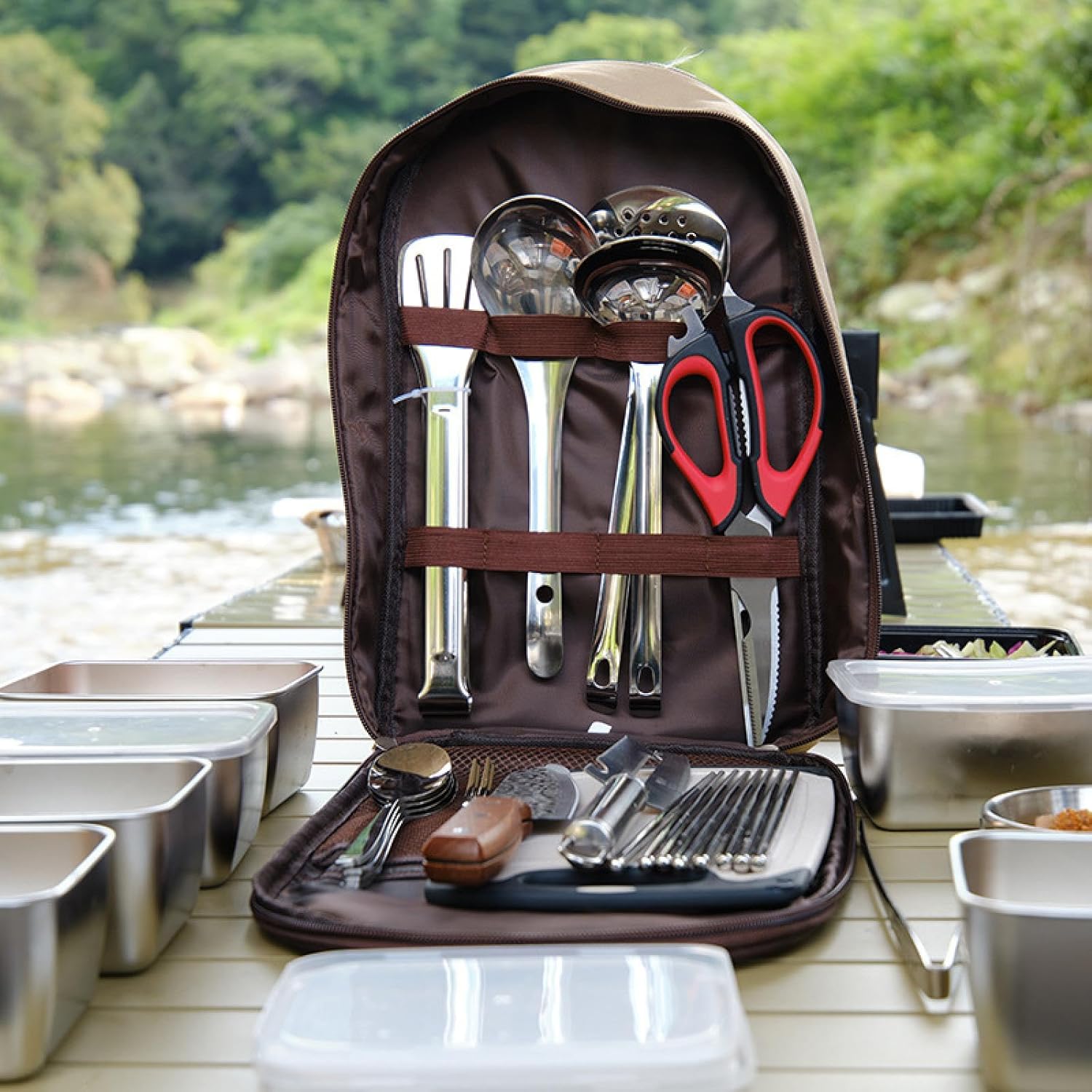Camping Kitchen Cooking Utensil Set 11 Piece, Stainless Steel Outdoor Cooking and Grilling Utensil Organizer Travel Set Perfect for Travel,Silicone Camper Essentials Gear Must Have Supplies for Travel