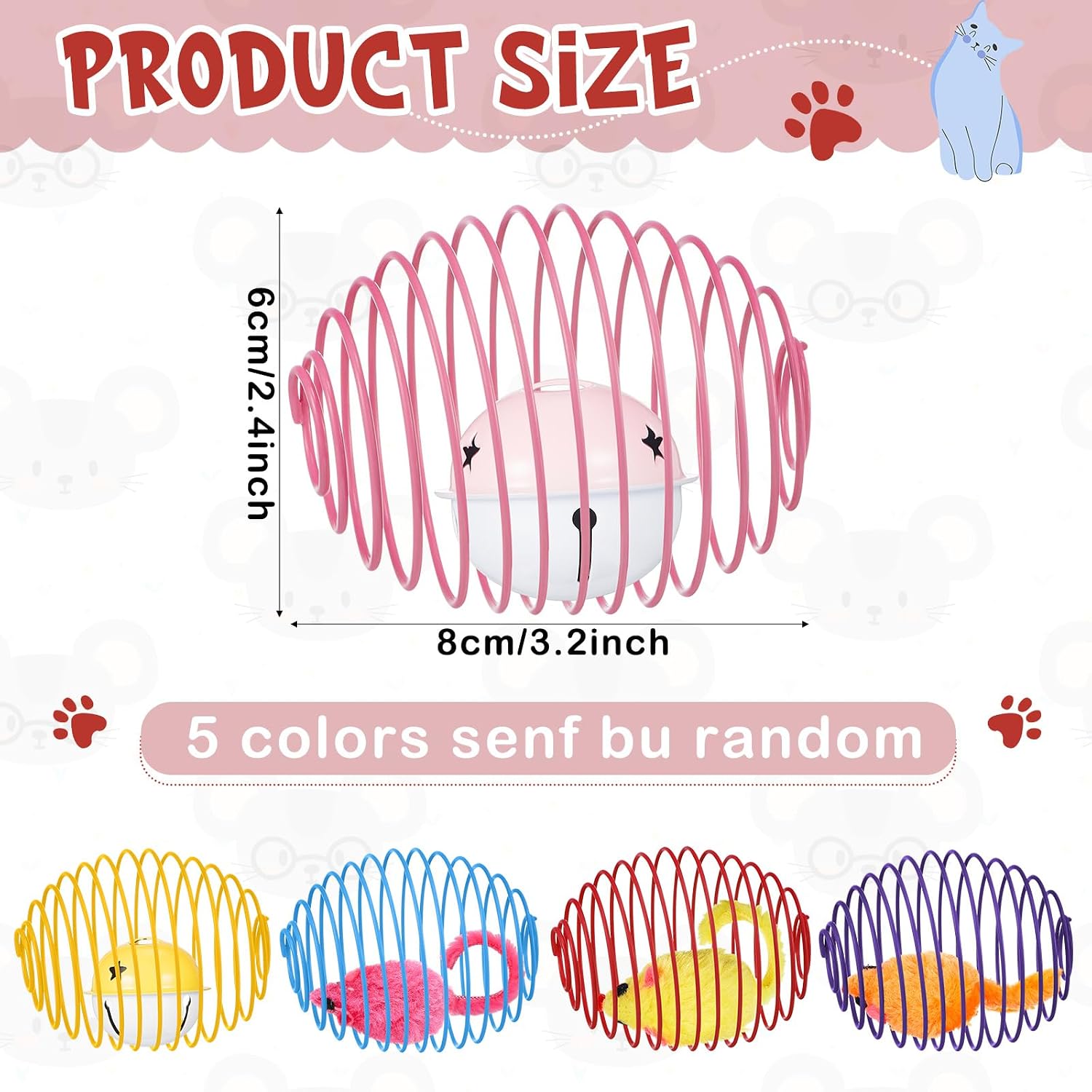 Jecery 5 Pcs Cat Toys Spring,Mouse and Bell,Multicolor image 2