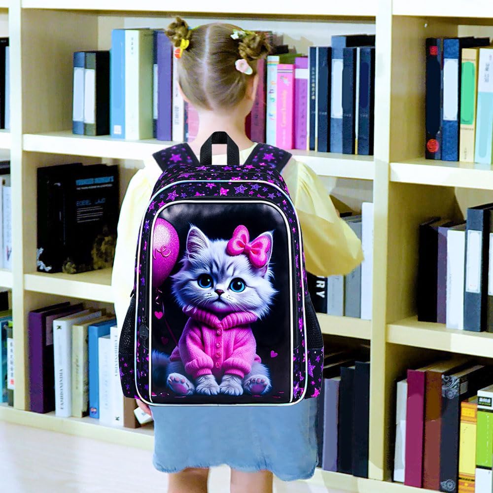 WZLVO 3PCS Girls Cat Bookbag Set, 16" Glittery UV Printing Kids Backpack/School Bag with Lunch Box & Pencil Bag for Preschool to Elementary - Pink Well-Behaved Cat