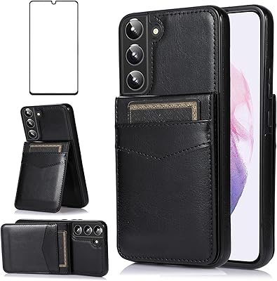 Asuwish Phone Case for Samsung Galaxy S22 Plus /S22+ with Tempered Glass Screen Protector and Credit Card Holder Wallet Cover Stand Leather Cell Accessories Glaxay S22Plus Cases Women Men Black