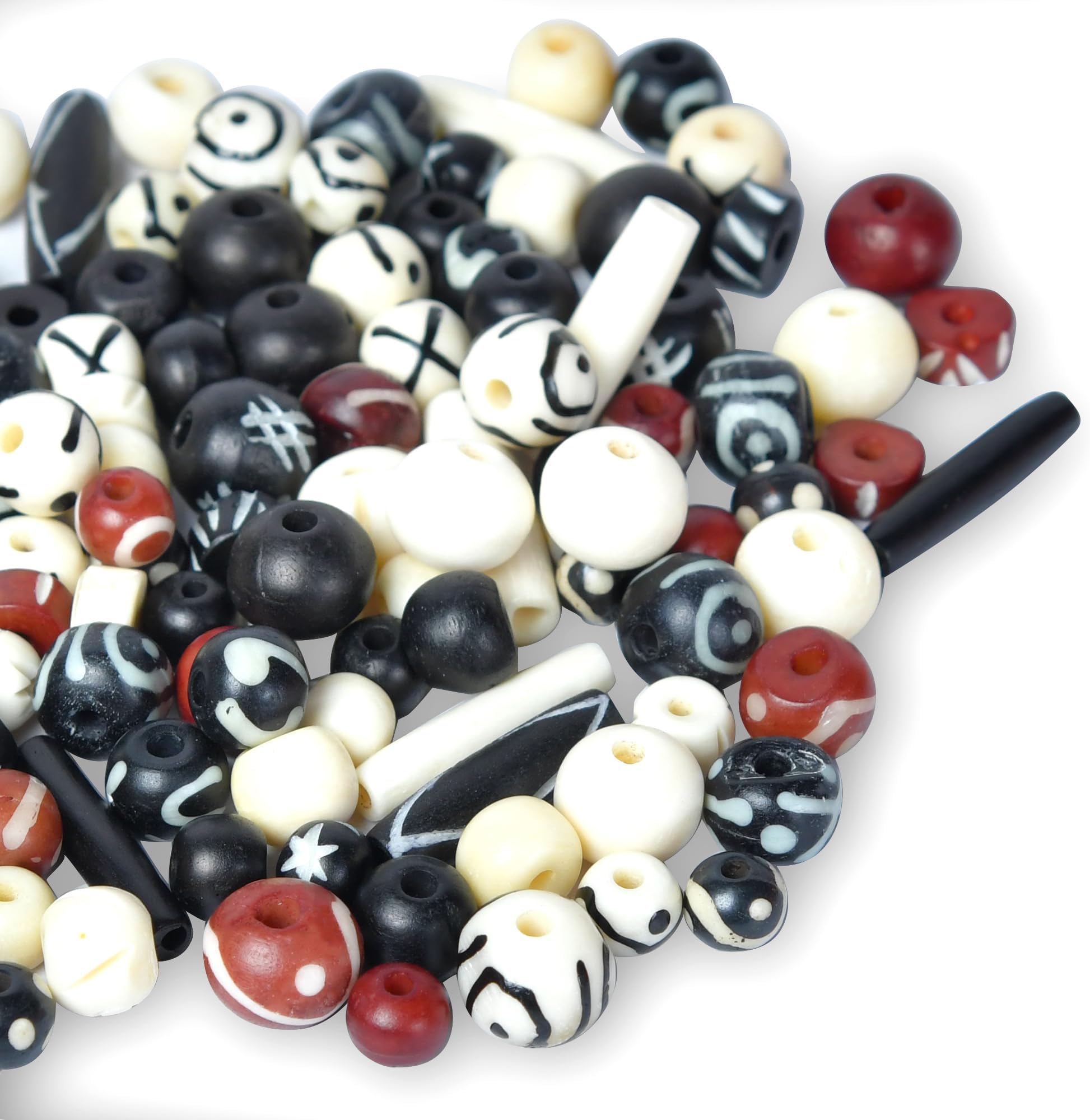 Assorted Bone Beads 130 pcs Hand Carved for Jewelry Making, Crafts, Large Natural African Beads, Native American and Indian Bead Supplies, Buffalo Bone Hairpipe Beads in Bulk (Black-Brown-White)