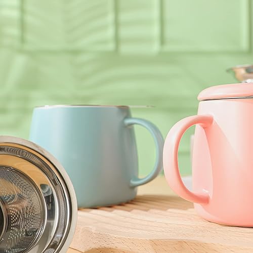 Miniatura 3 de Henten Home Taza de té de cerámica con infusor de hojas sueltas, cuchara y tapa, 15 onzas, taza infusor de té grande para té, café, leche,