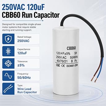 CBB60 Run Capacitor 120uF 250VAC, Replacement for Motor Compressor | 120uF 5%, 250VAC, 50/60Hz, overvoltage protection, metallized polypropylene film, low loss, 2 wires, for AC/compressor/motor