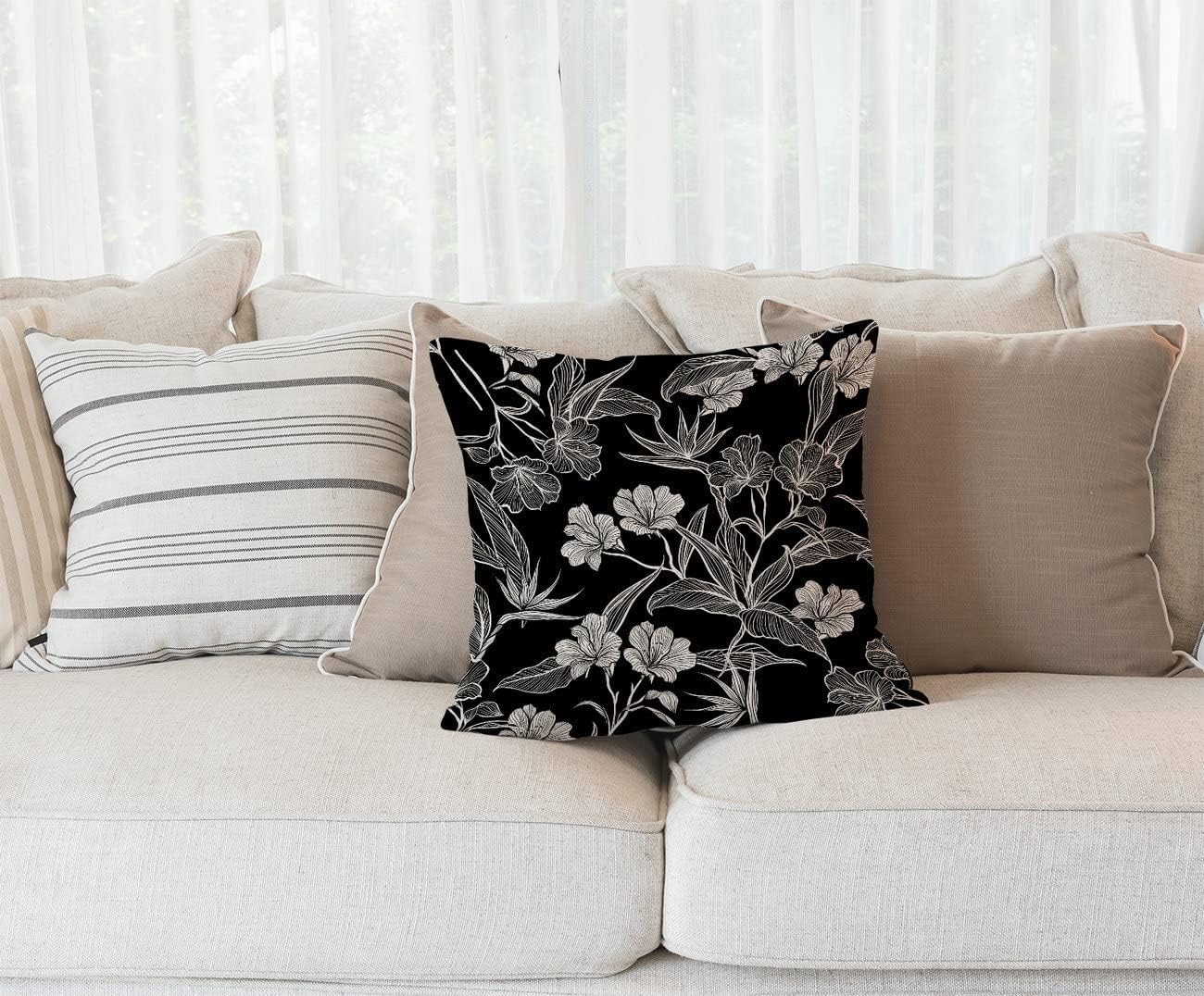 Solekla Black White Flowers Cotton Linen Square Throw Pillow Case Decorative Cushion Cover Sofa 18"x 18" image 2