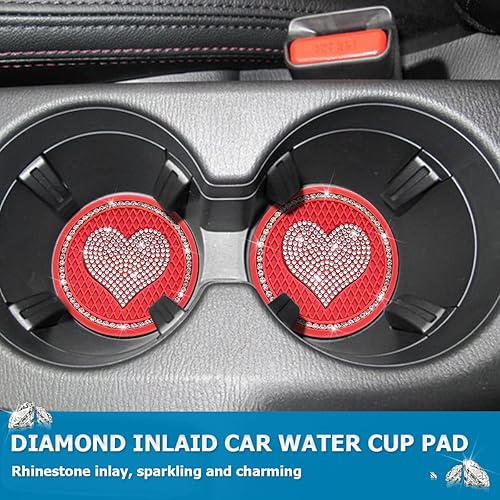 Miniatura 4 de ipelo - Posavasos para automóvil con diseño de corazón, 2 posavasos universales de cristal con diamantes de imitación de corazón, lindo tapete