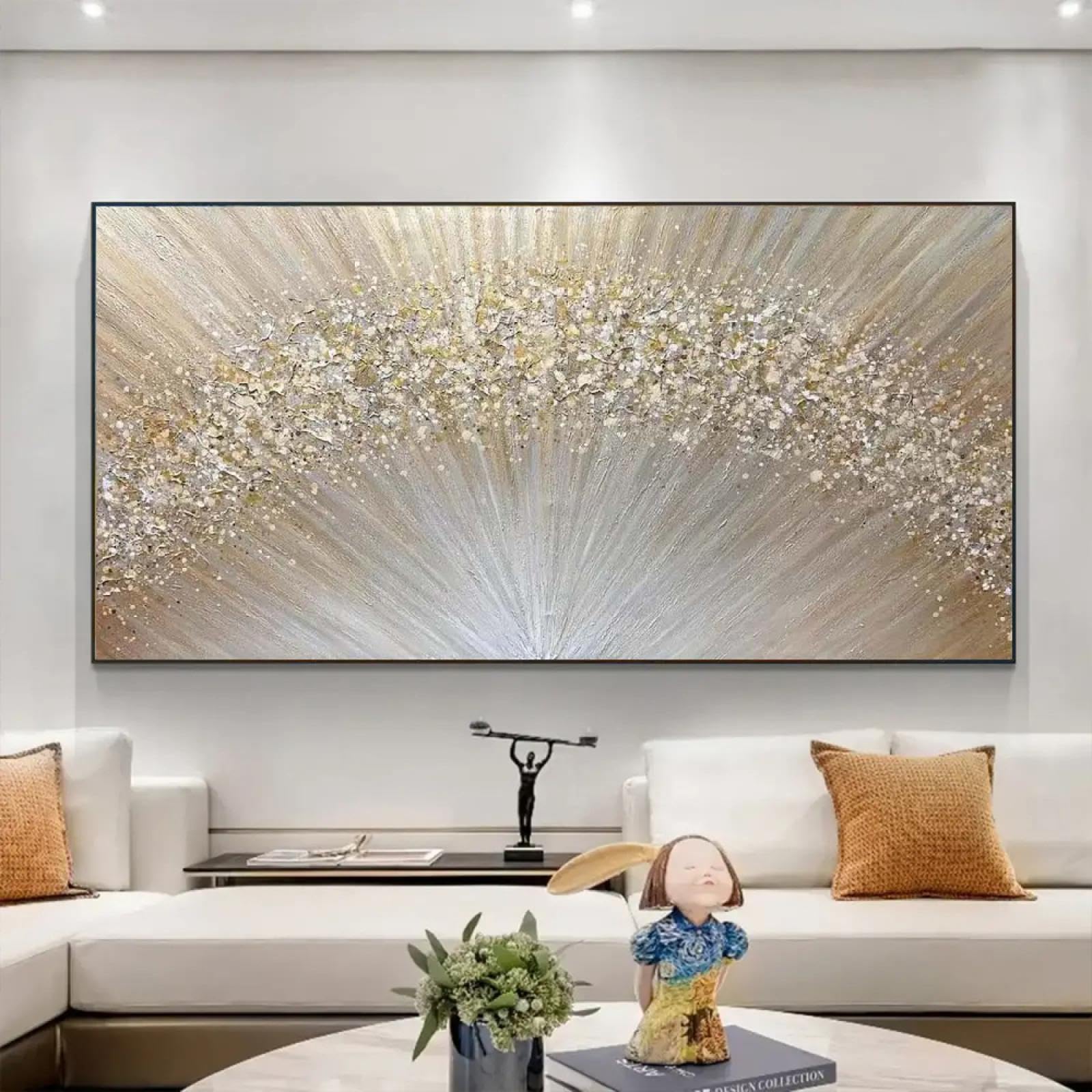 18meng Art Nordic Abstrakte Leinwand Bilder Gold Wohnzimmer Modern Luxus Sonnenaufgang Gold Kunstdruck Bilder Wandbilder Abstrakt Leinwandbild (140x70 cm, Mit Rahmen)