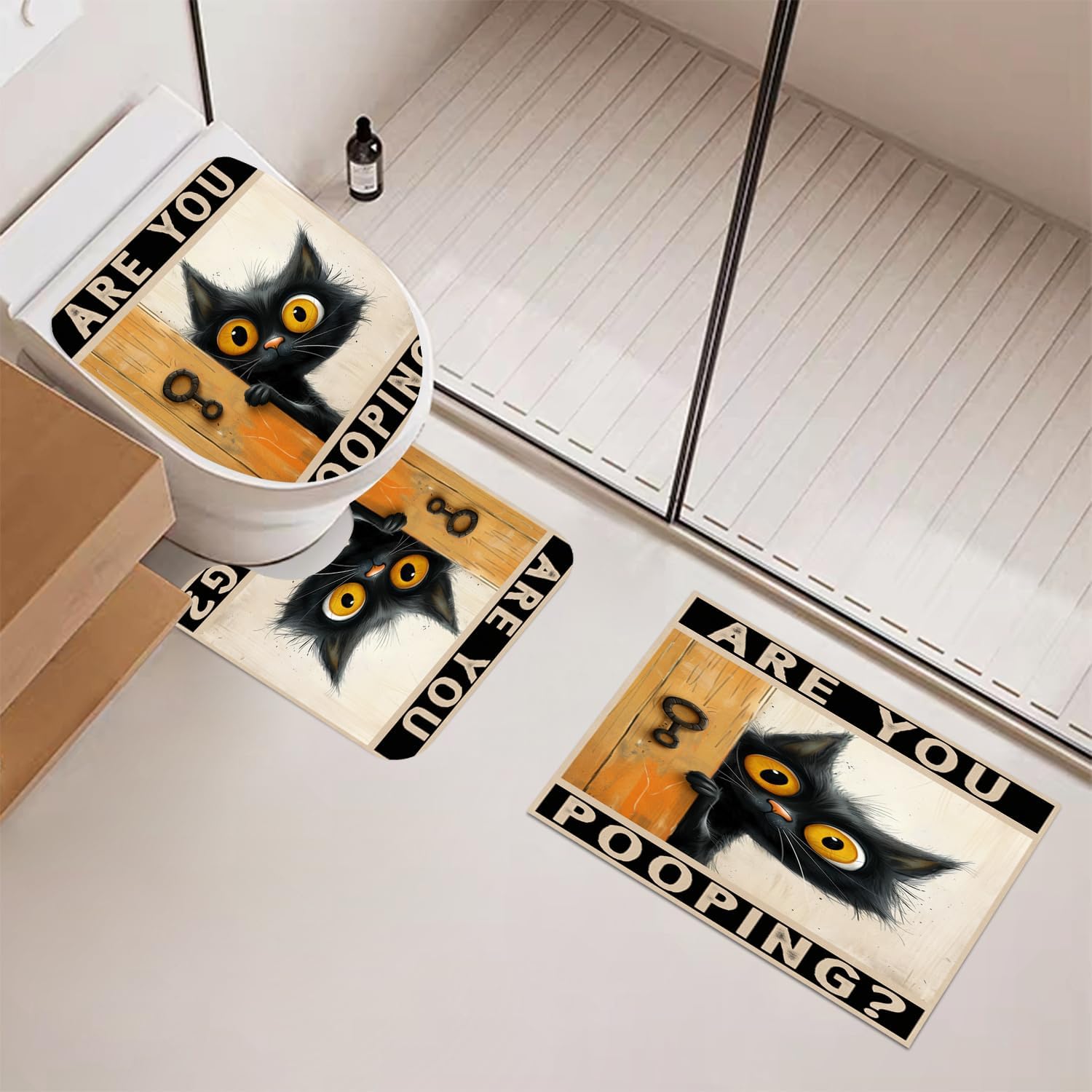 4PCS Black Cat Shower Curtain Sets,Orange are You Pooping Sign Cat Bathroom Sets with Non-Slip Rugs,Toilet Lid Cover,Bath Mat,Shower Curtain with 12 Hooks Funny Aniaml Bathroom Sets Decor