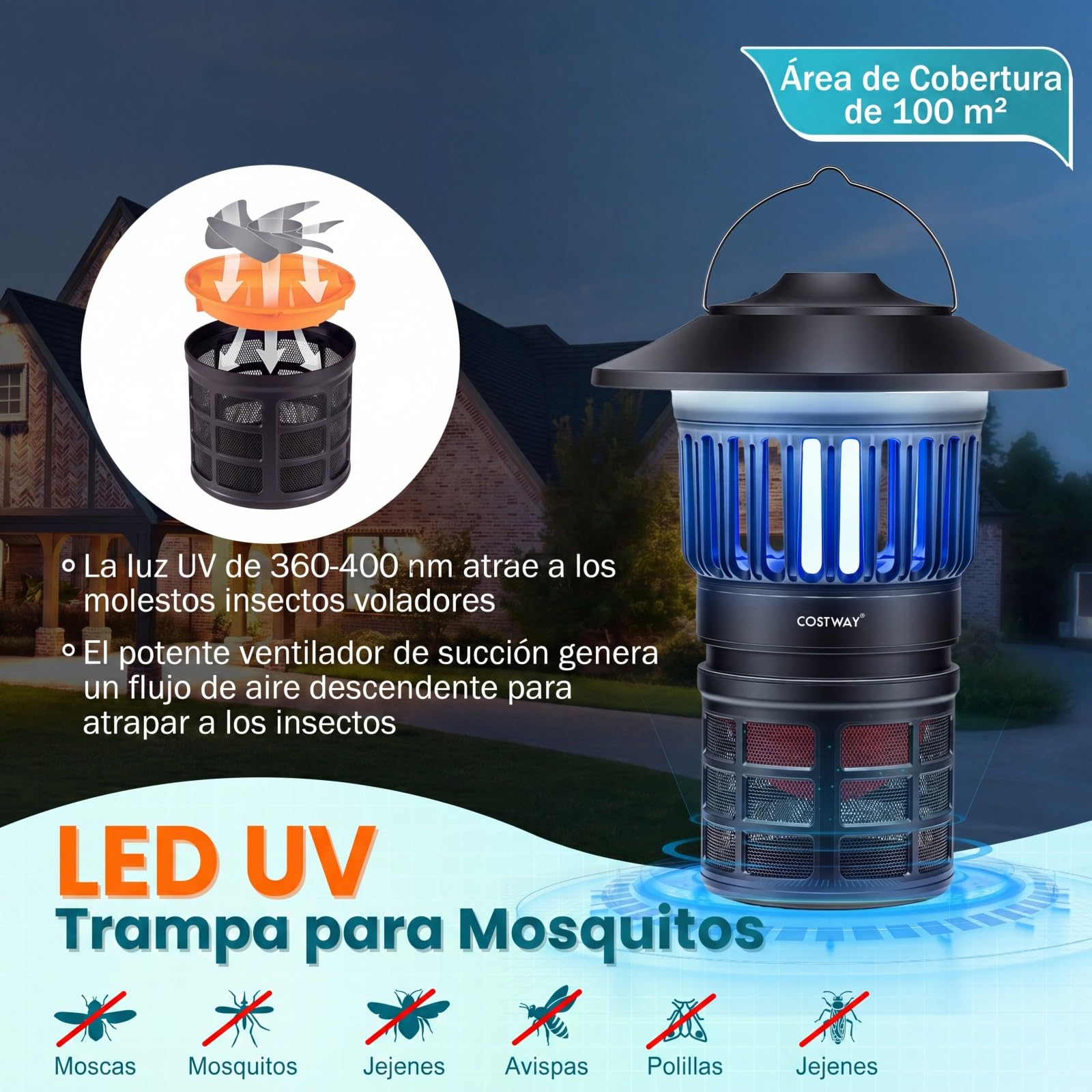 COSTWAY 2 en 1 Lámpara Antimosquitos Exterior, Mata Mosquitos Electrico con Luz de Vela, Ventilador, Batería Recargable de 2000 mAh y Cobertura de 100 m², Trampa para Insectos Moscas Interior