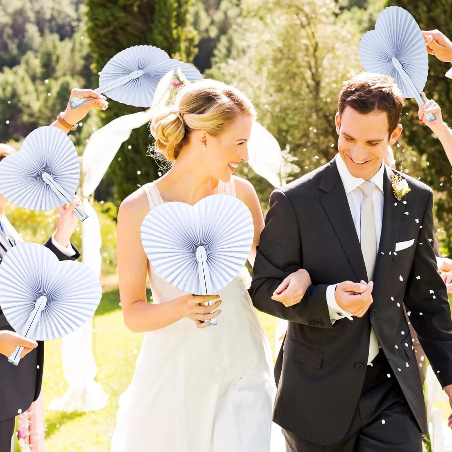 24 Pcs Foldable Hand Fan Heart Shaped White Paper Fans for Wedding Decorative Folding Fans with Plastic Handle, Small Accordian Fans for Party Birthday Decorative