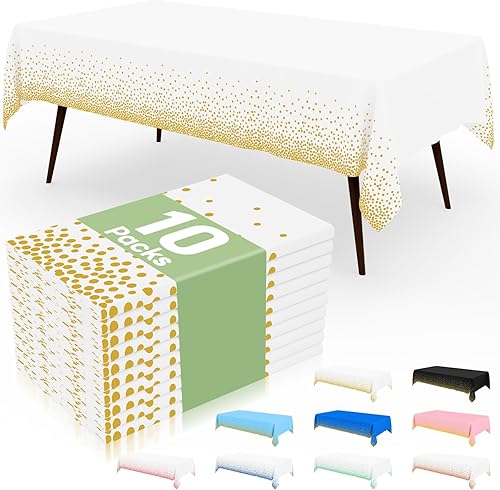 Miniatura 27 de misaya Paquete de 4 manteles desechables de lunares, mantel de plástico impermeable de 54 x 108 pulgadas, lunares dorados rectangulares en blanco