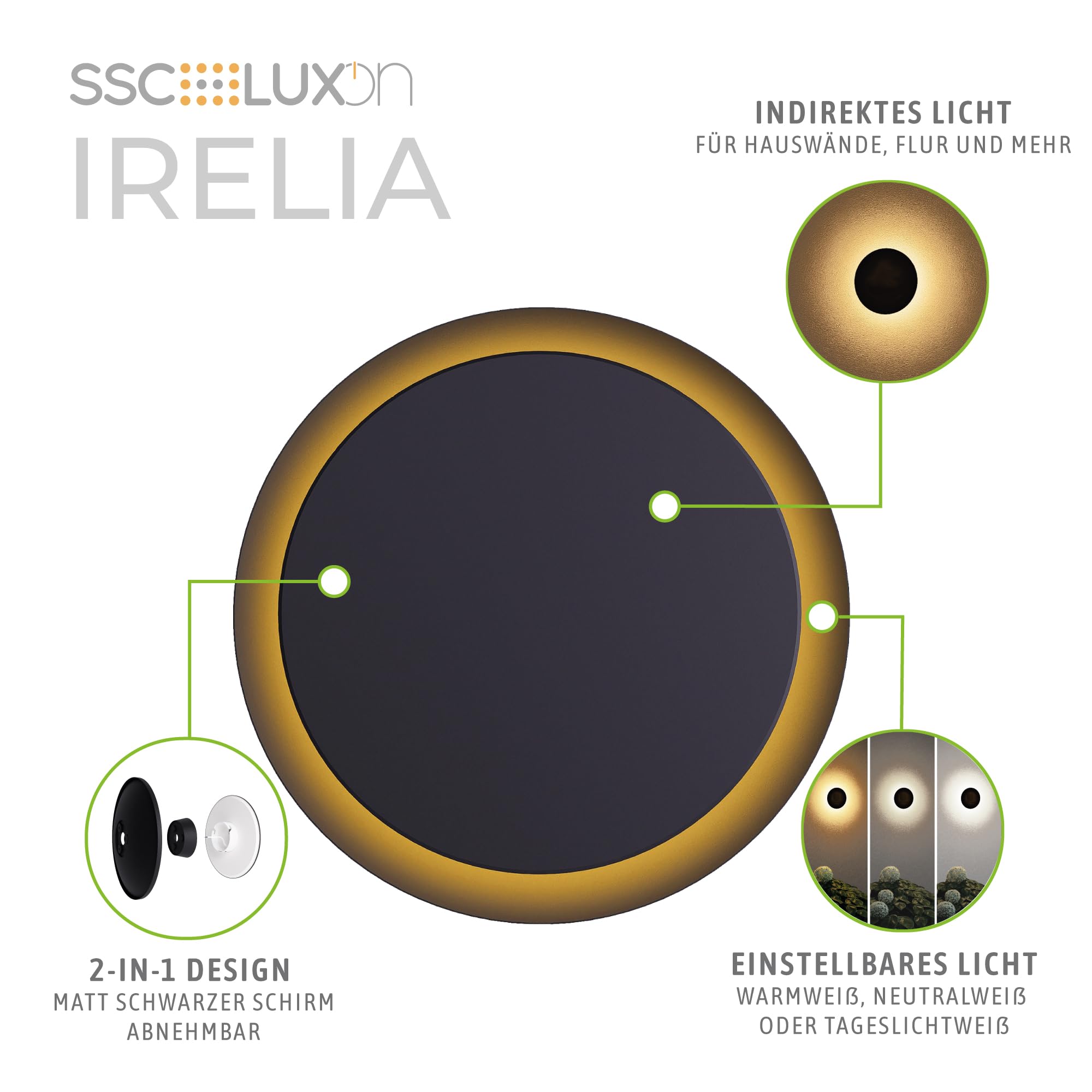 SSC-LUXon 4er Set IRELIA runde Wandlampe Ø 30cm indirektes Licht warmweiß/neutralweiß/kaltweiß - Wandleuchte schwarz Innen & Außen IP65
