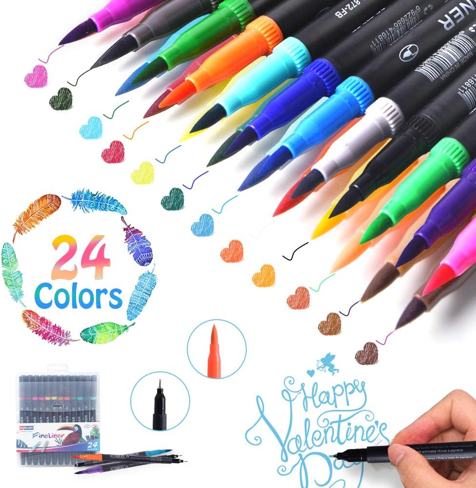 Dual Markers Brush Pen, Fine Point and Brush Tip Art Markers for Kids Adult Coloring Books ,Geat Ideal for Lettering Writing Drawing,Planner Art Supplier,24 Colors