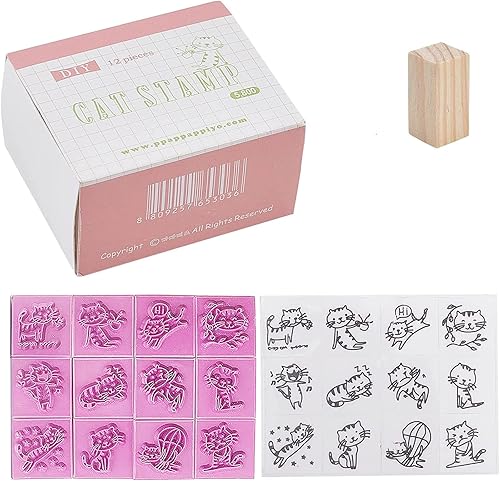 Miniatura 2 de CRASPIRE Sellos de goma de madera vintage con almohadilla de tinta y calcomanía, 12 piezas de sellos de goma montados en madera para manualidades,