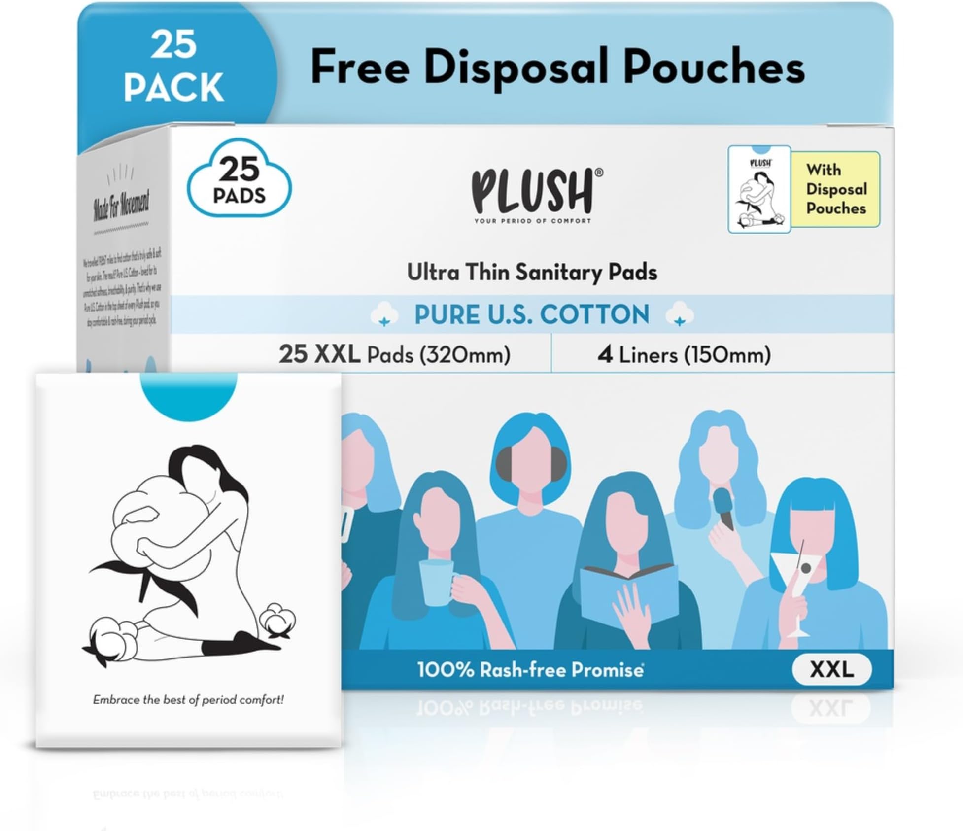 Ultra-Thin Sanitary Napkins for Women, 25 Pcs | Super Absorbent Heavy Flow XXL Pads + 4 Panty Liners | 100% Rash-Free | Pure U.S. Cotton XXL Sanitary Pads with Free Disposable Pouches | No Fragrance | No Toxic-Chemicals