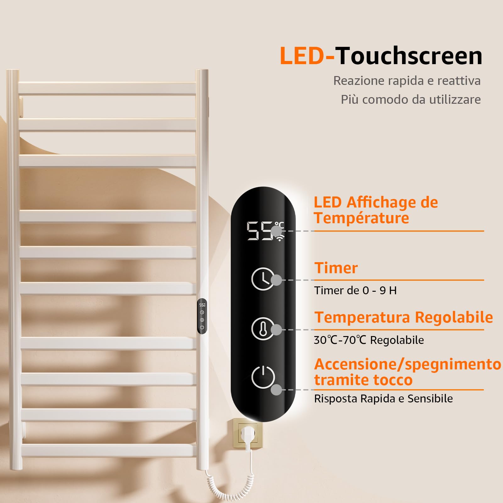 Scaldasalviette Elettrico Bagno, 50 x 100cm Termoarredo Elettrico Bagno con LED Touch Screen, 0-9h Timer e 30-70℃ Temperatura, 285W Termoarredo Elettrico da Parete, IPX4, Bianco