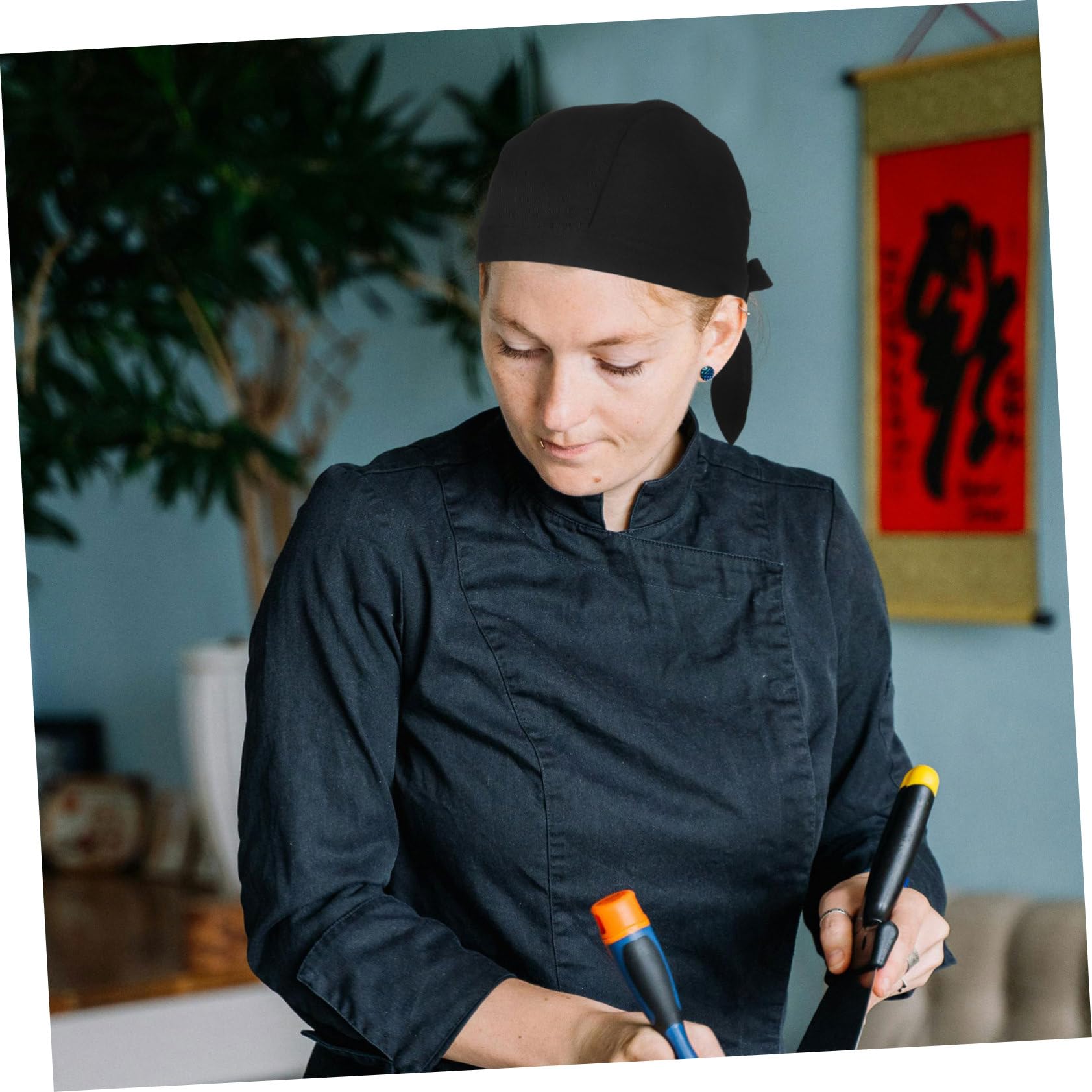 IMIKEYA 6 Pezzi Cappello da Cuoco di Cotone Nero Resistente All'olio Nastrini Regolabili per Chef Unisex in Ristorante e Sala da Pranzo