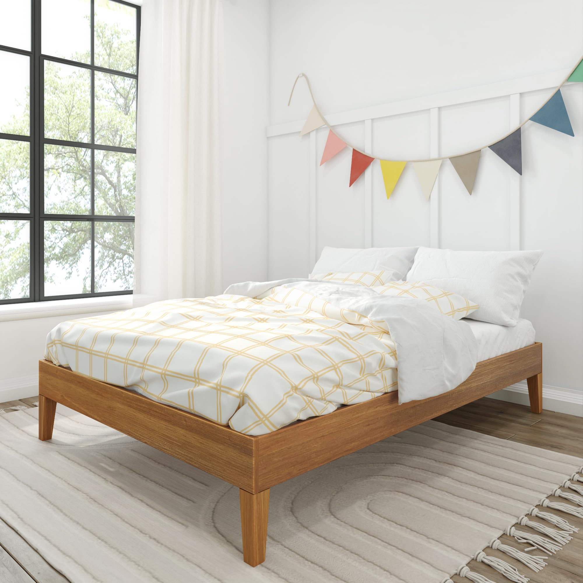 Max & LilyFundamental Full Platform Bed Frame, Kids Modern Solid Wood Bed, Strong Wooden Slats, Non-Toxic Finishes, Matte Pecan