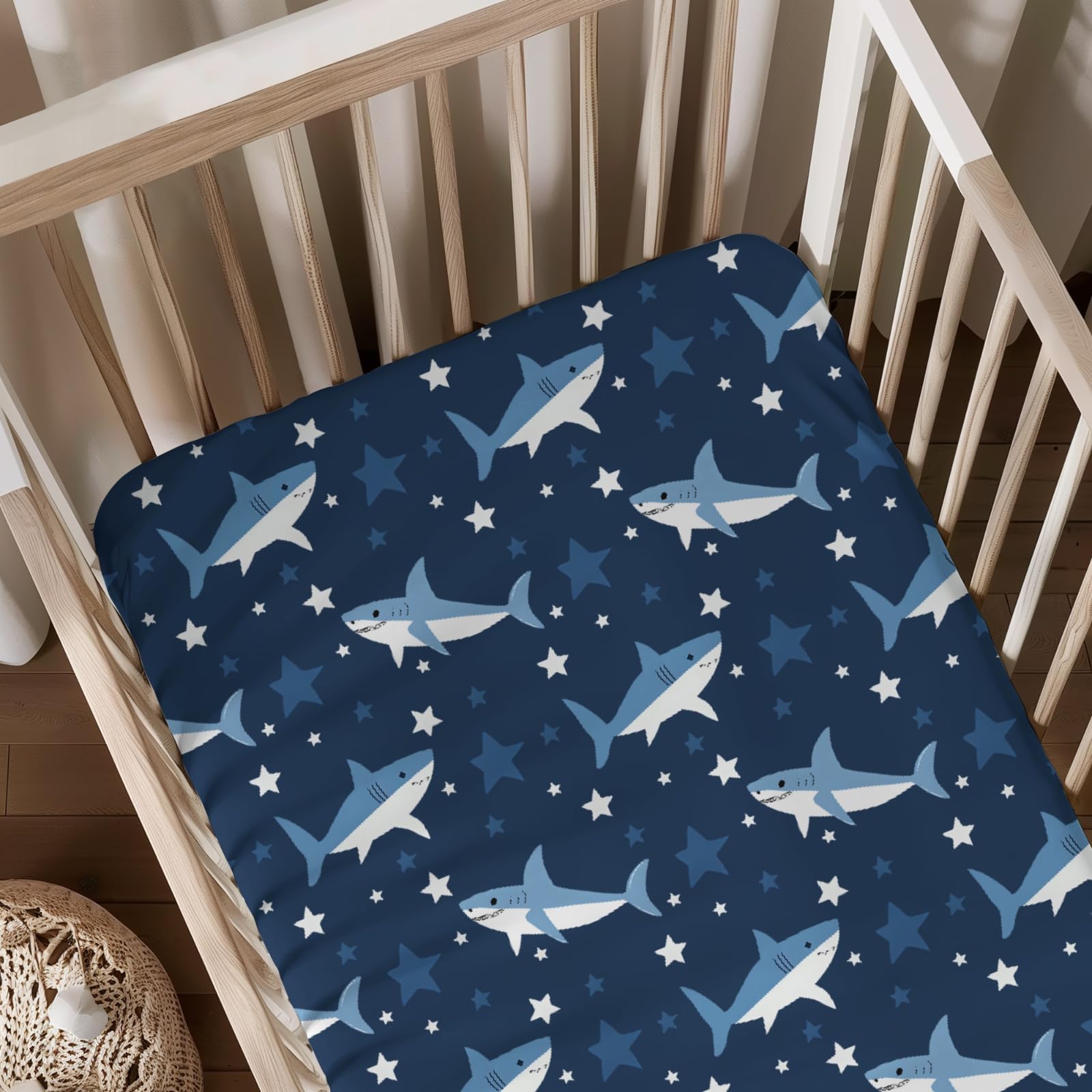 Cute Ocean Animals Sharks Stars Pattern Baby Sheets for Crib, Unisex Sea Animals Nursery Fitted Bed Sheet for Boys Girls Standard Crib and Toddler