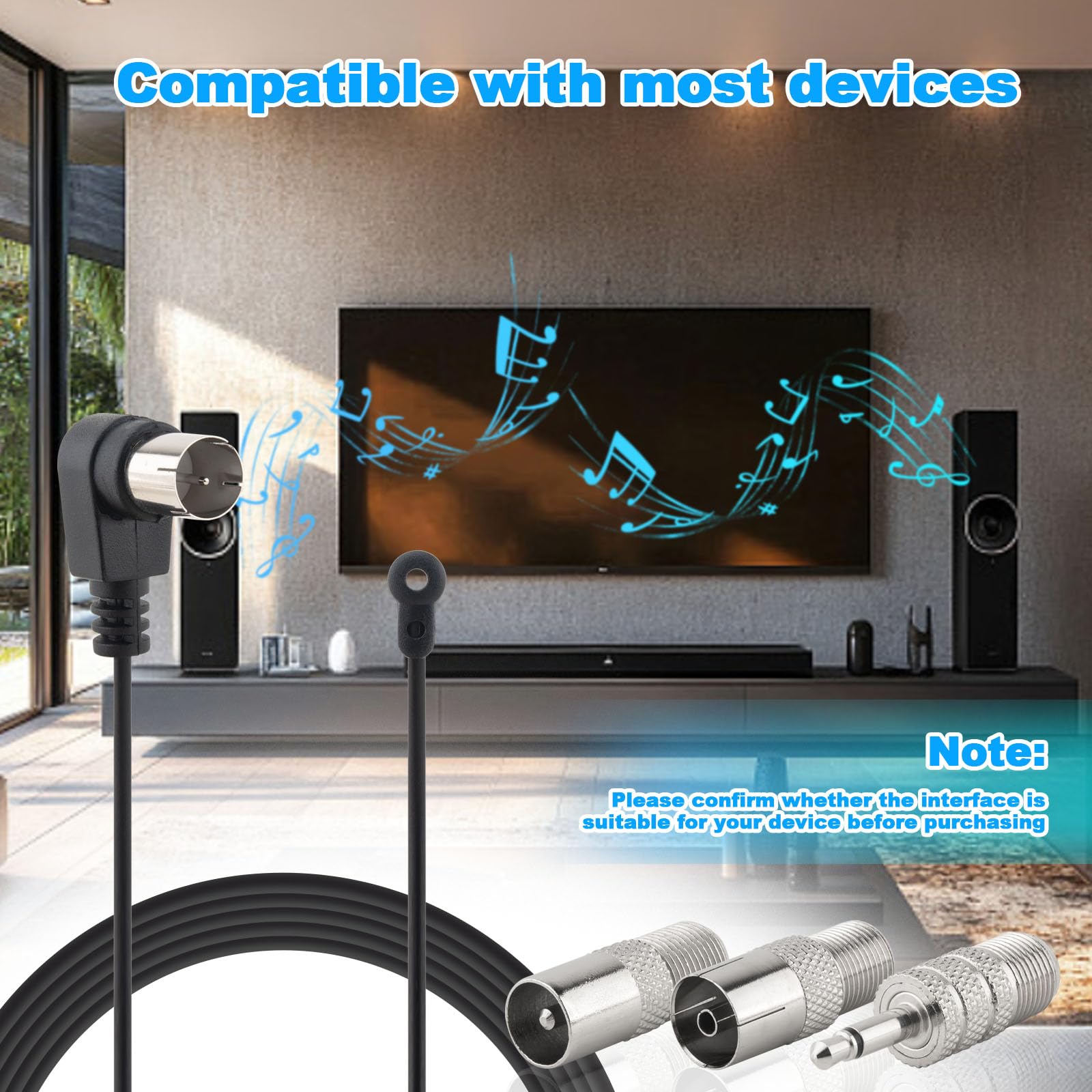 Antenne FM 75 Ohm - Antenne radio FM de type F mâle - Câble coaxial avec adaptateur pour Pioneer Onkyo Yamaha Marantz - Récepteur radio HD numérique d'intérieur - Radio FM AV audio vidéo